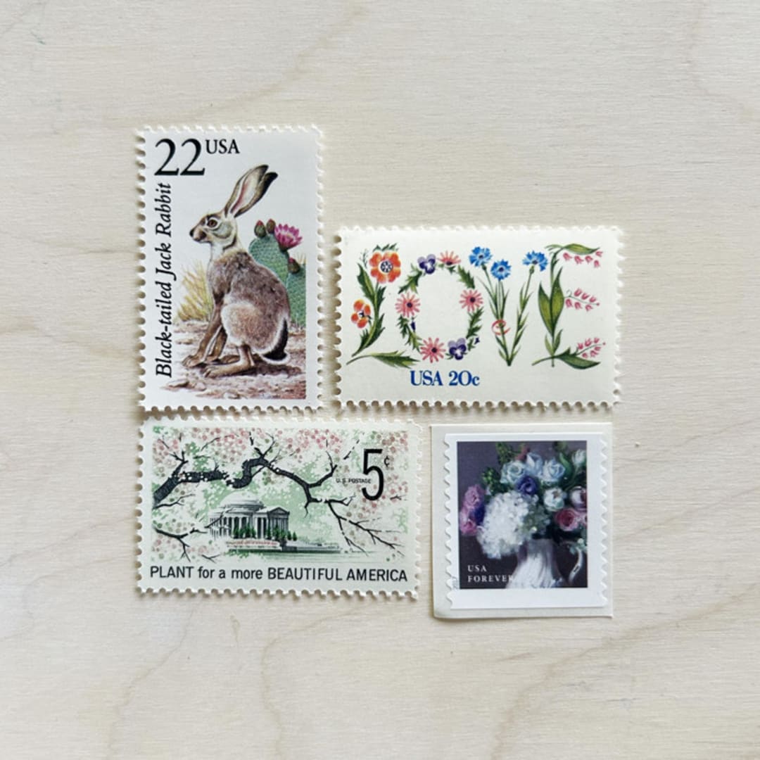 "$1.20 . Blush vintage postage stamp pack . Set of 5" - Postage Stamps in pink by Kristen Melchor