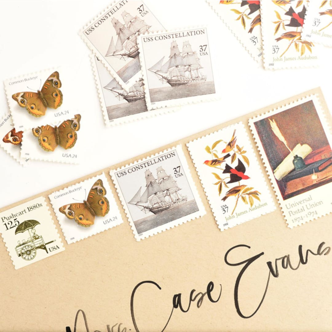 "Neutral and Brown Butterfly and Ships Postage Set // $1.205 // Set of 5" - Postage Stamps in brown by Flourish Fine Writing