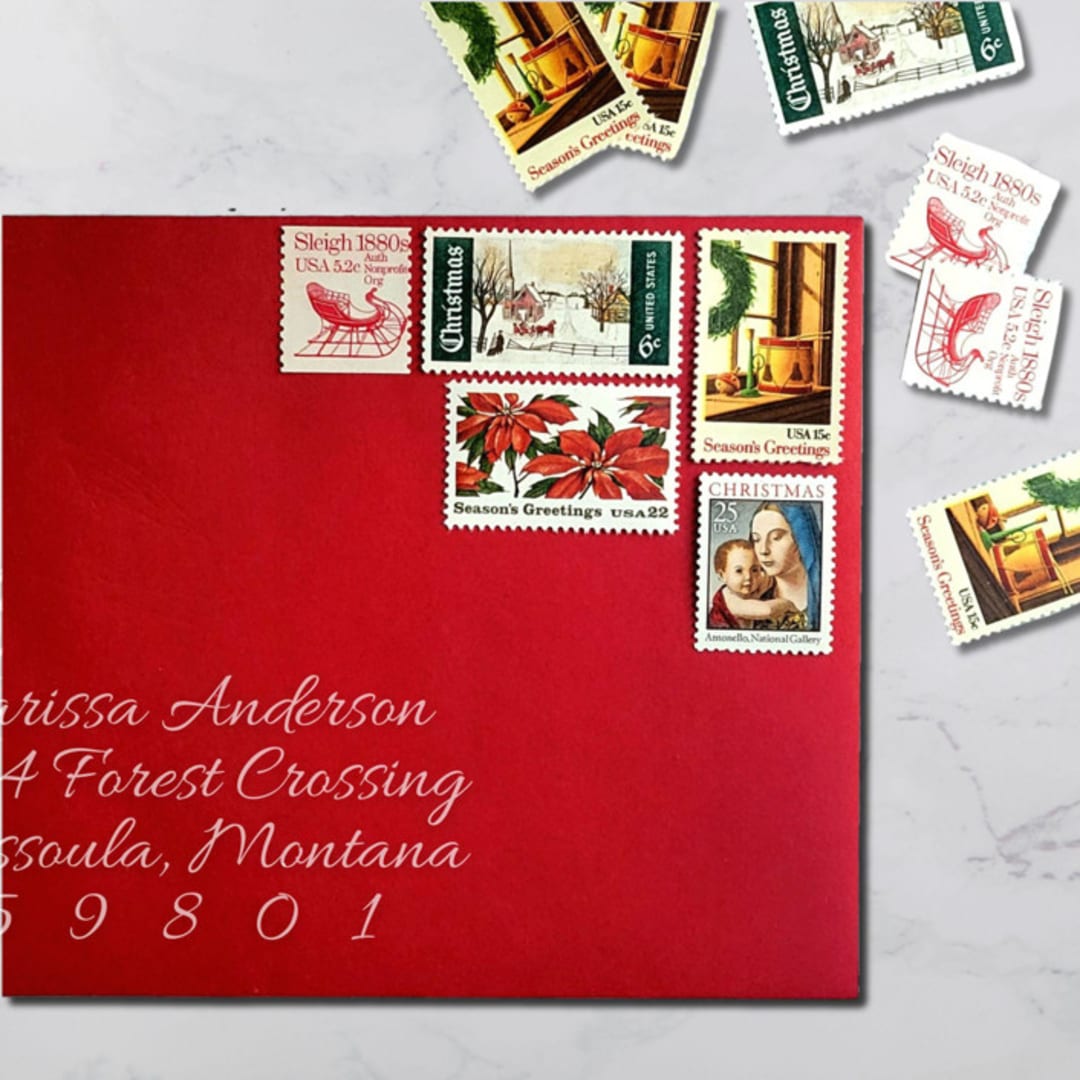 "Holiday Vintage Postage Set | Christmas Greetings | One Ounce | Set of 5" - Postage Stamps in red by The Silver Stamps