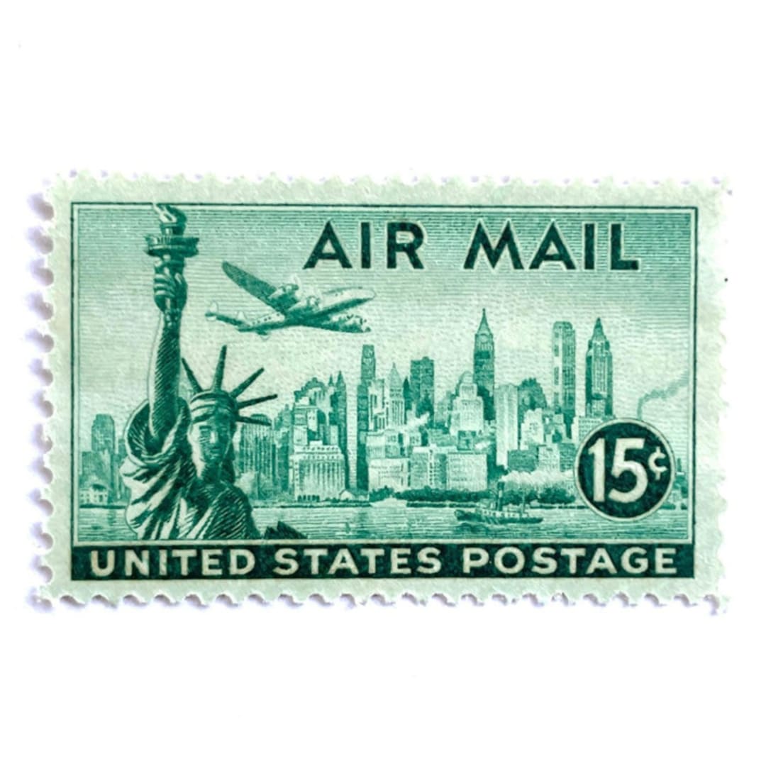 ""New York Skyline & Statue of Liberty" Air Mail Postage Stamps | Unused USPS Postage 15c | Pack of 10" - Postage Stamps in green by Heritage Post House
