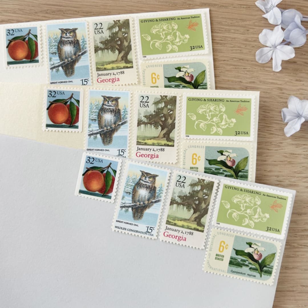 "$1.07 cents . Georgia vintage postage stamps . Set of 5" - Postage Stamps in green by Kristen Melchor