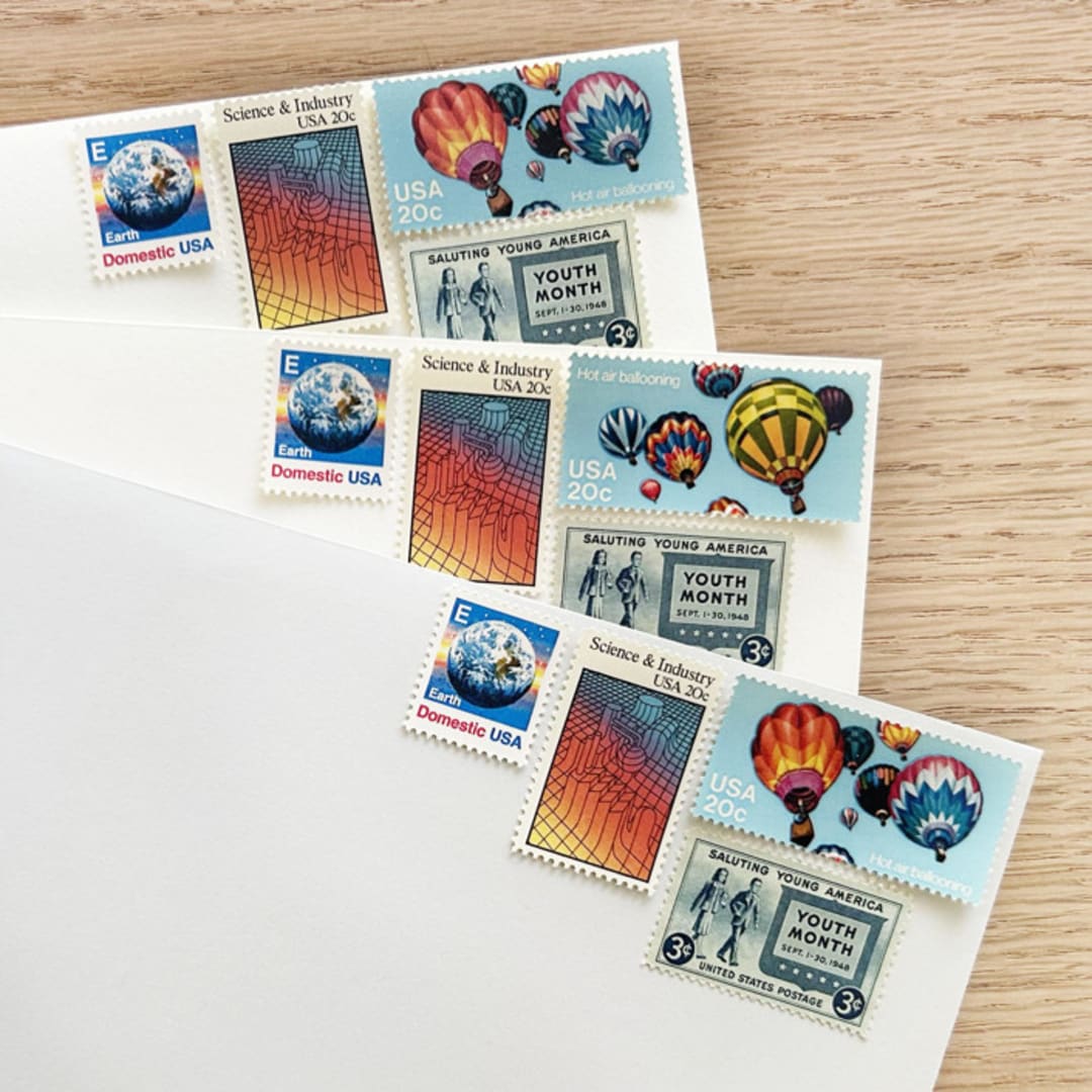 "68 cents . Balloon vintage postage stamps . Set of 5" - Postage Stamps in multicolorassorted-colors by Kristen Melchor