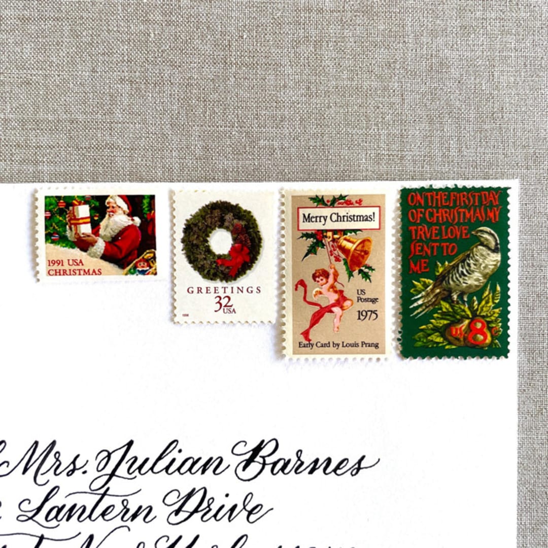 "Christmas Green Wreath Vintage Postage, 10 Sets" - Postage Stamps in green by Jennifer Kramer