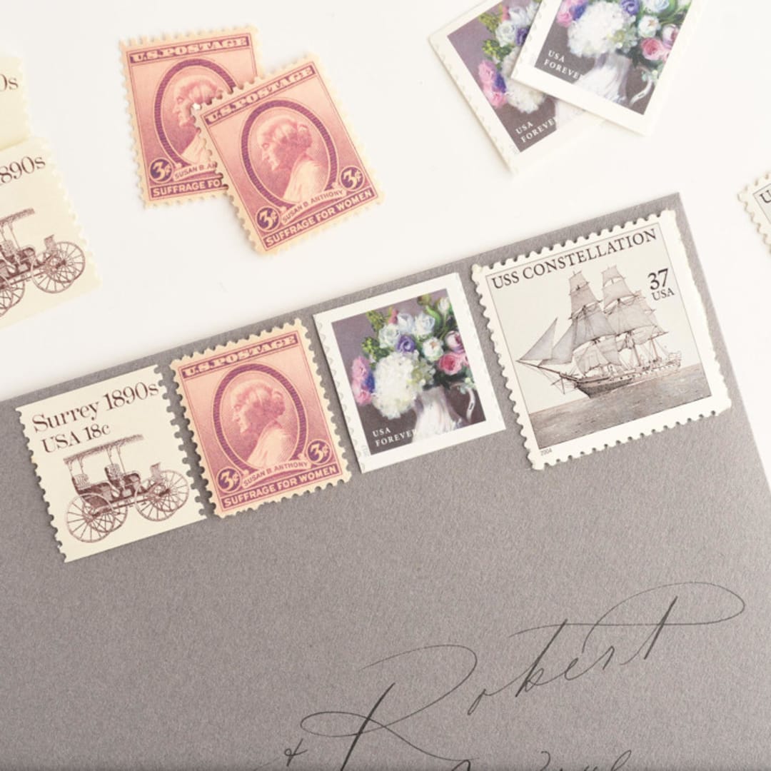 "White Hydrangea and lavender Roses with Ships Vintage Postage Stamp Set // Set of 5 // $1.36 in postage per set // 3 ounces // 1 ounce plus non-machinable" - Postage Stamps in pink by Flourish Fine Writing