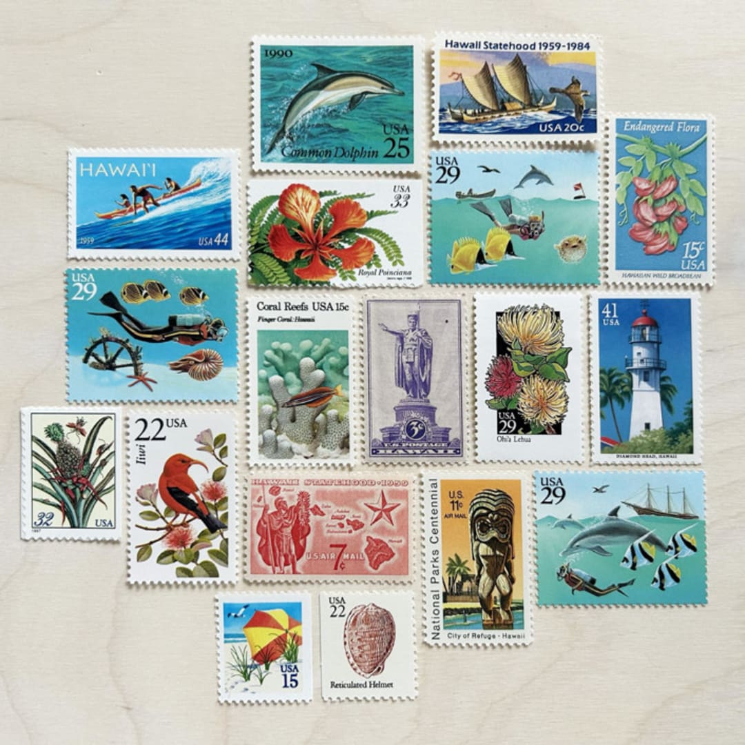 "78 cent . Hawaii vintage postage stamp variety pack . Set of 5" - Postage Stamps in multicolorassorted-colors by Kristen Melchor