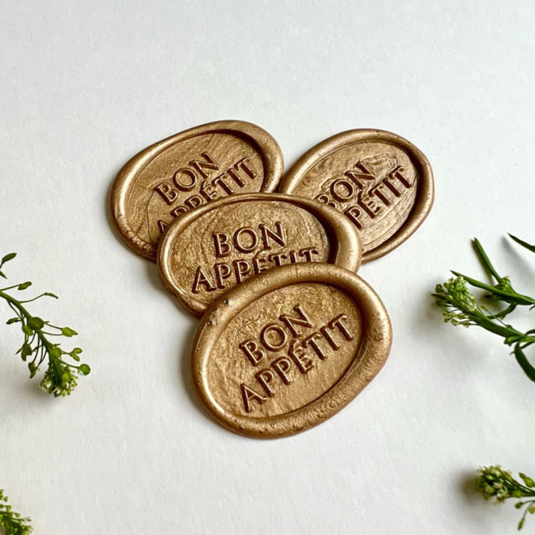 "Bon Appétit Menu Wax Seal Sticker_Antique Gold, Pack of 10" - Wax Seals in gold by Eva Tadros
