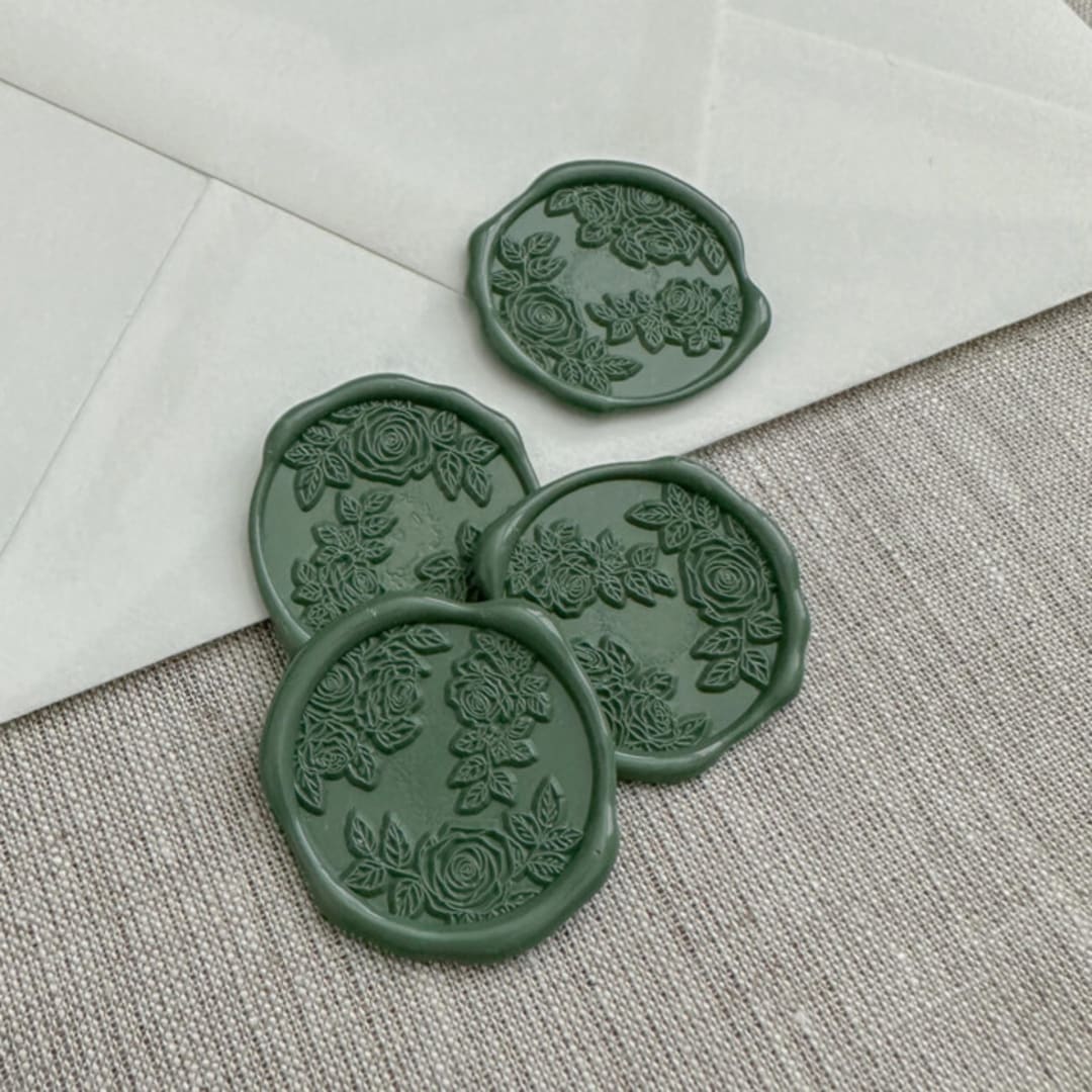 "Olive green roses wax seal stickers | Set of 10" - Wax Seals in green by Maria Ferrer G.