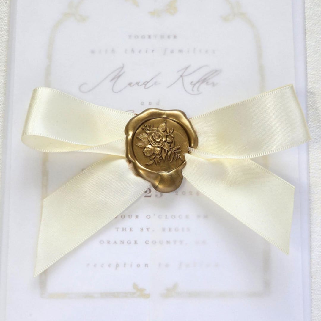 "Rose Bouquet Wax Sealed Ribbon- Satin Ivory Ribbon with Wax Seal- Customizable Color- Set of 10" - Wax Seals in natural by Inkspiringletters