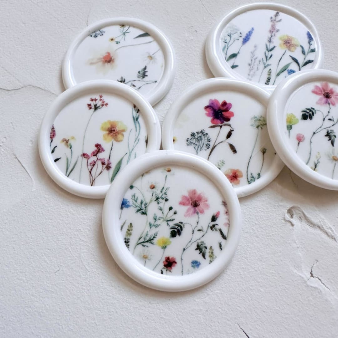Self-adhesive wax seal | Bright watercolor florals design - white