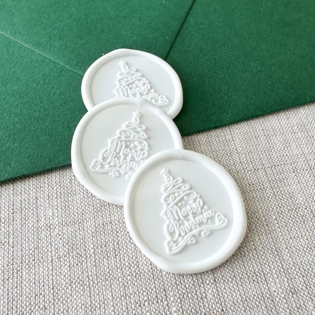 "White "Merry Christmas" Tree Calligraphy wax seal sticker | Set of 10" - Wax Seals in white by Maria Ferrer G.