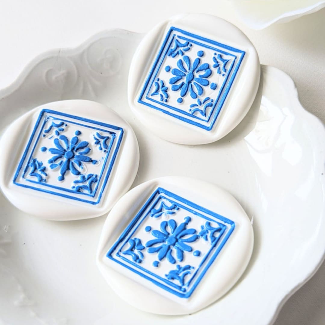 "Artisan Tile- White and Blue-Set of 25  Hand-crafted Wax Seals" - Wax Seals in white by Inkspiringletters