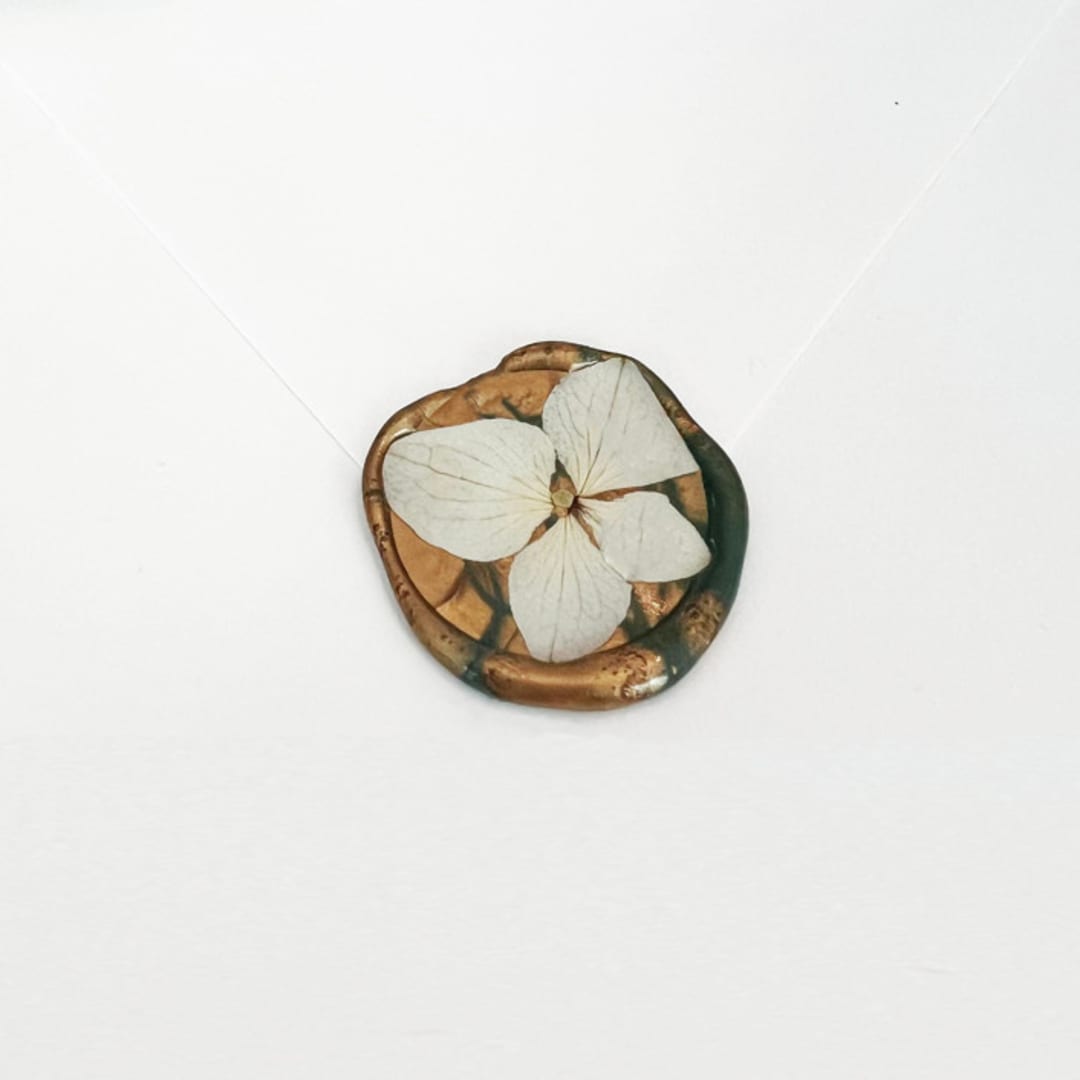 "White Hydrangea Wax Seal in Green Gold | Pack of 10" - Wax Seals in green by Caitlin Home