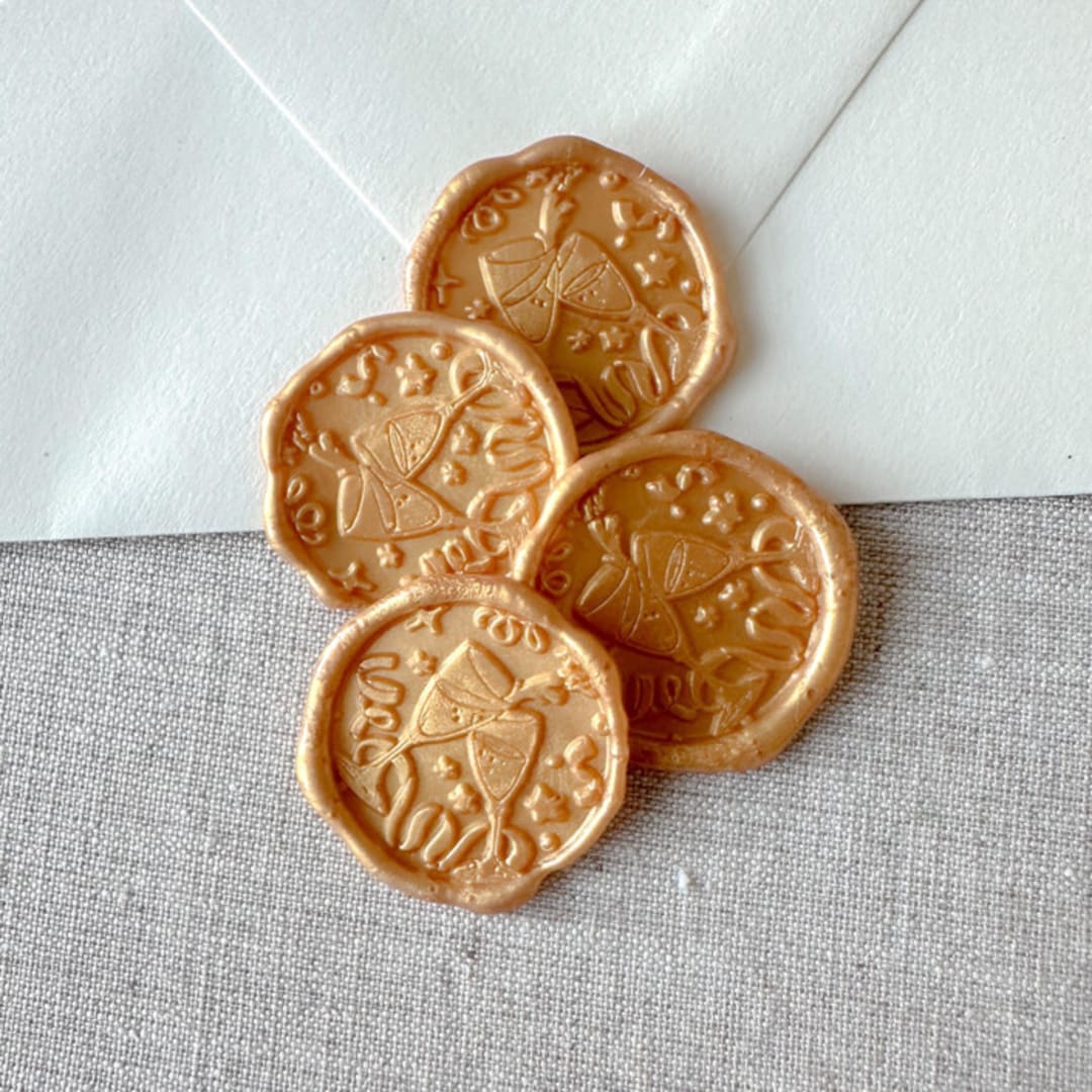 "Yellow Gold celebration wax seal sticker - Champagne toast | Set of 10" - Wax Seals in gold by Maria Ferrer G.