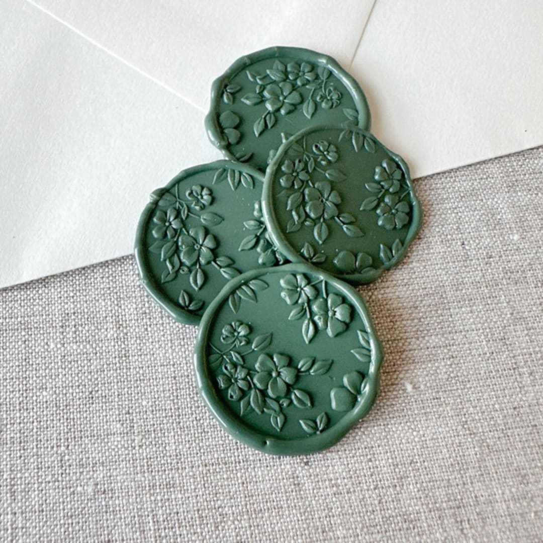"Olive Green floral pattern 3D wax seal stickers | Set of 10" - Wax Seals in green by Maria Ferrer G.