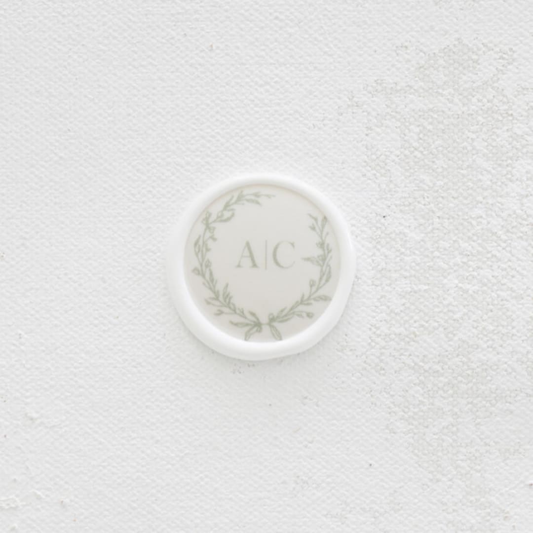 "Custom Green Floral Wreath with Monogram Wax Seals | Set of 25" - Wax Seals in green by Clove and Cedar Design