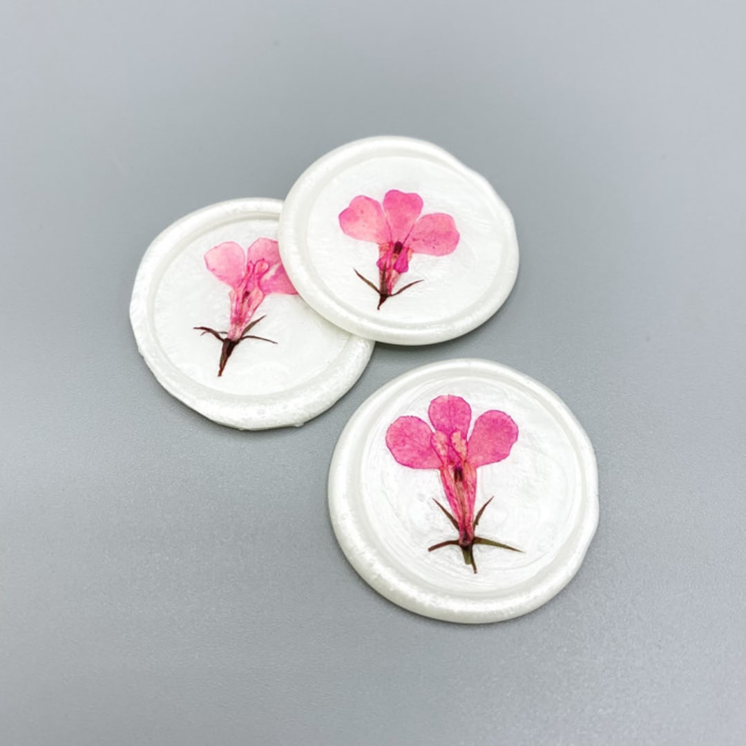 "Pressed Flower Ivory Wax Seal Pink Lobelia Flowers Set Of 6" - Wax Seals in pink by Christine OMalley