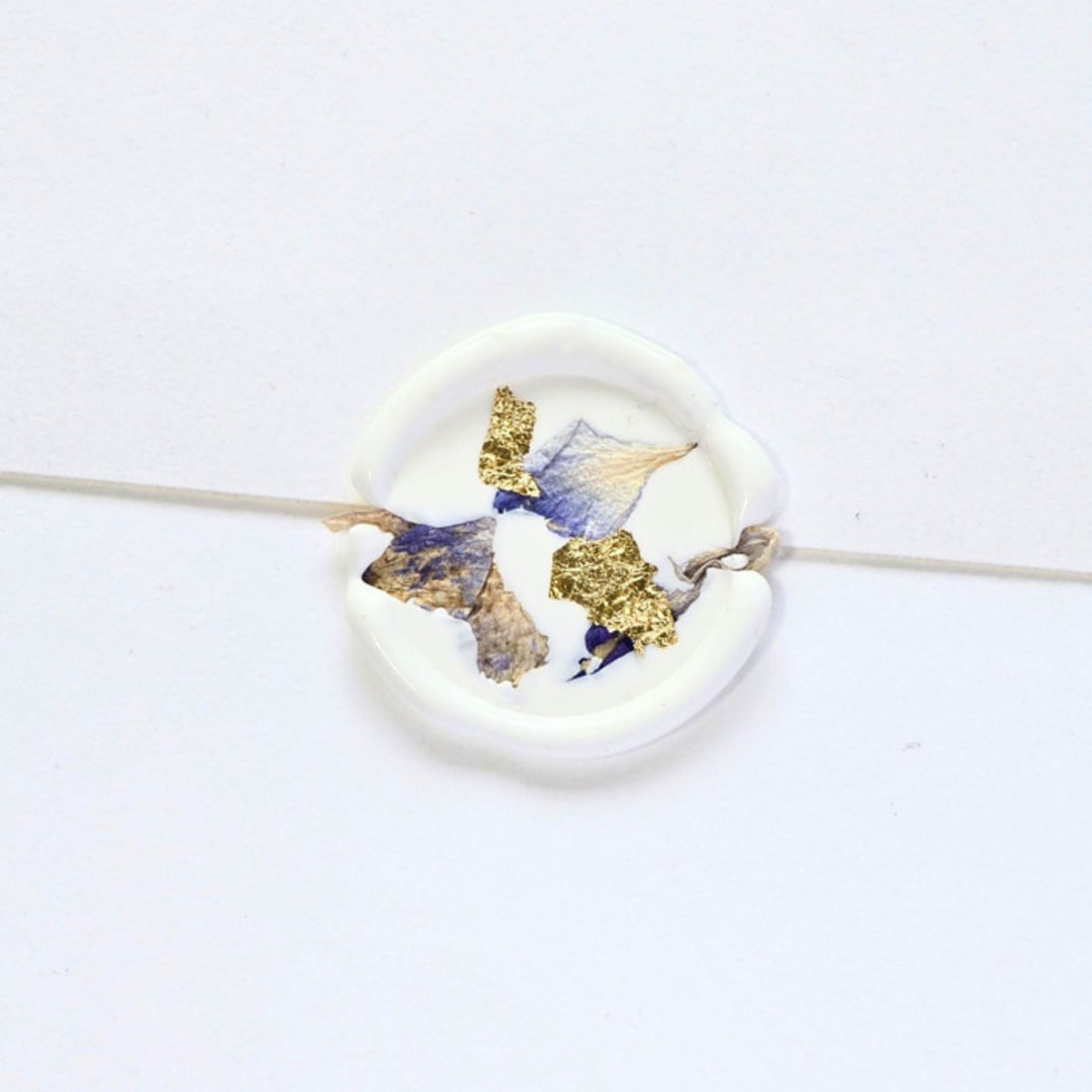 "Amethyst and Gold- Dried and Pressed Florals on White - Customizable Shape- Set of 25 Wax Seals" - Wax Seals in multicolor by Inkspiringletters