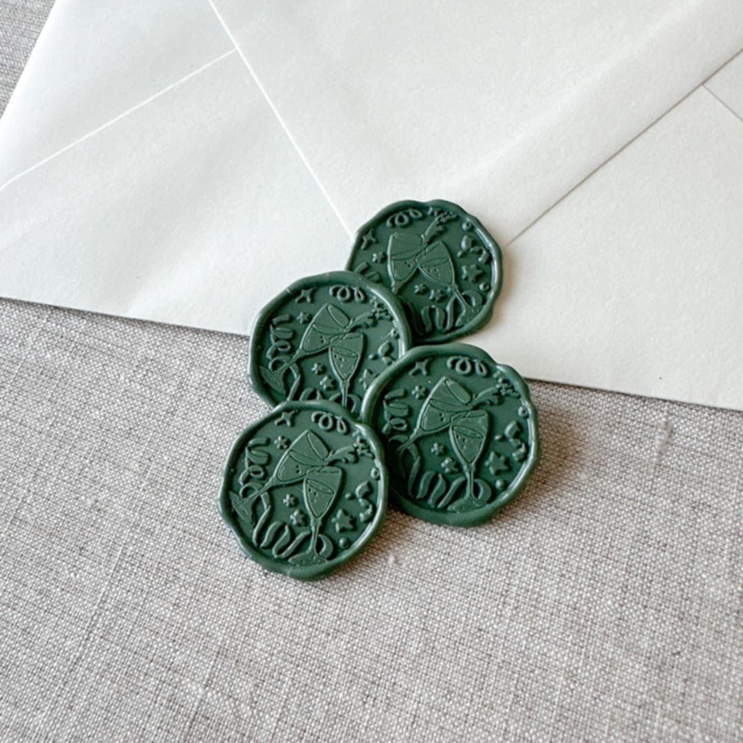 "Olive Green celebration wax seal sticker - Champagne toast | Set of 10" - Wax Seals in green by Maria Ferrer G.