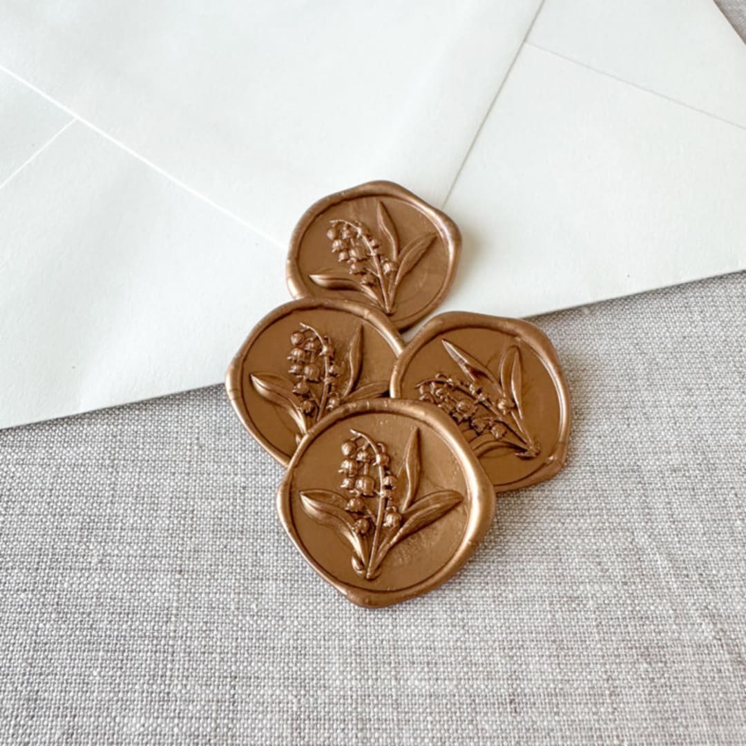 "Antique Gold Lily of the Valley 3D wax seal stickers | Set of 10" - Wax Seals in gold by Maria Ferrer G.