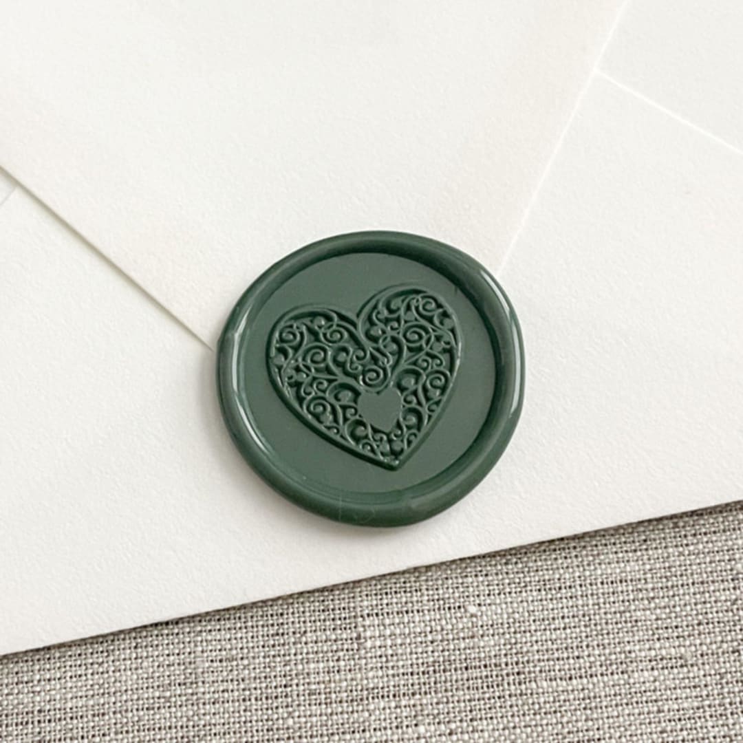 "Ornamental heart self-adhesive wax seal in olive green | Set of 10" - Wax Seals in green by Maria Ferrer G.