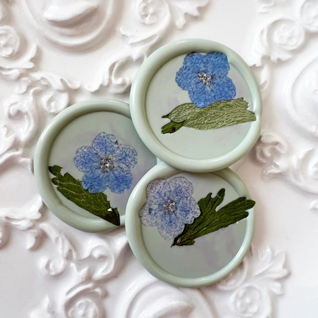 "Blue Forget Me Nots Wax Seal in Celadon | Pack of 10" - Wax Seals in green by Caitlin Home