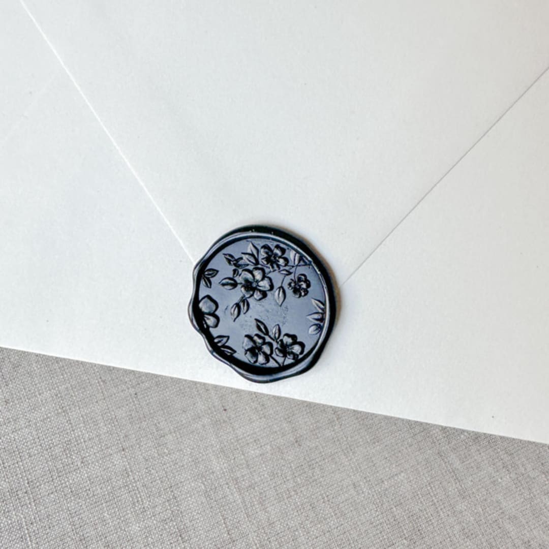 "Black floral pattern 3D wax seal stickers | Set of 10" - Wax Seals in black by Maria Ferrer G.
