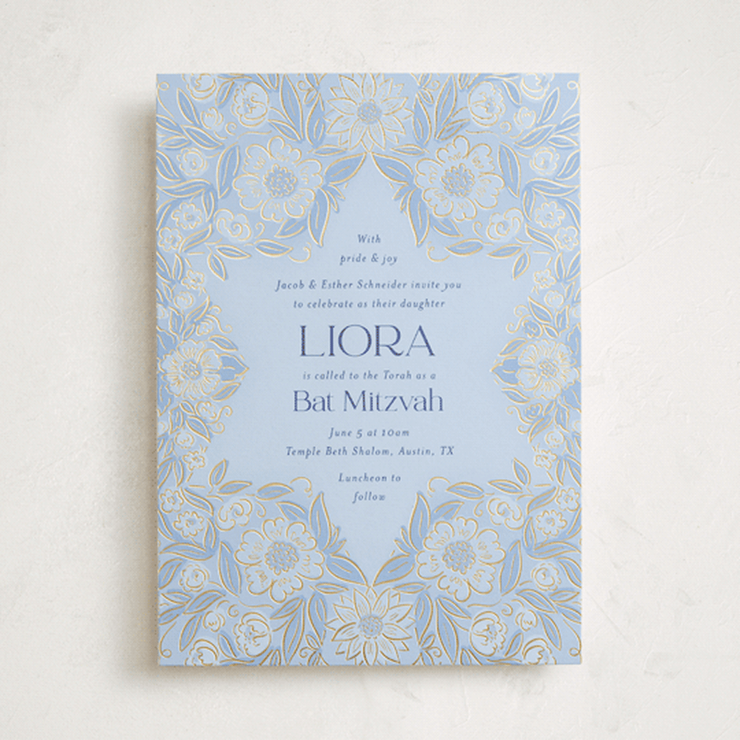 "Blooming Mitzvah" - Mitzvah Invitations in Sky by Simona Camp - Front