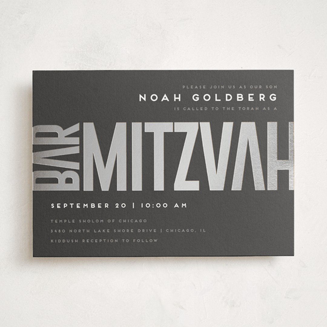 "Modern Foil Bar Mitzvah" - Mitzvah Invitations in Charcoal by Stacy Maalouf - Front