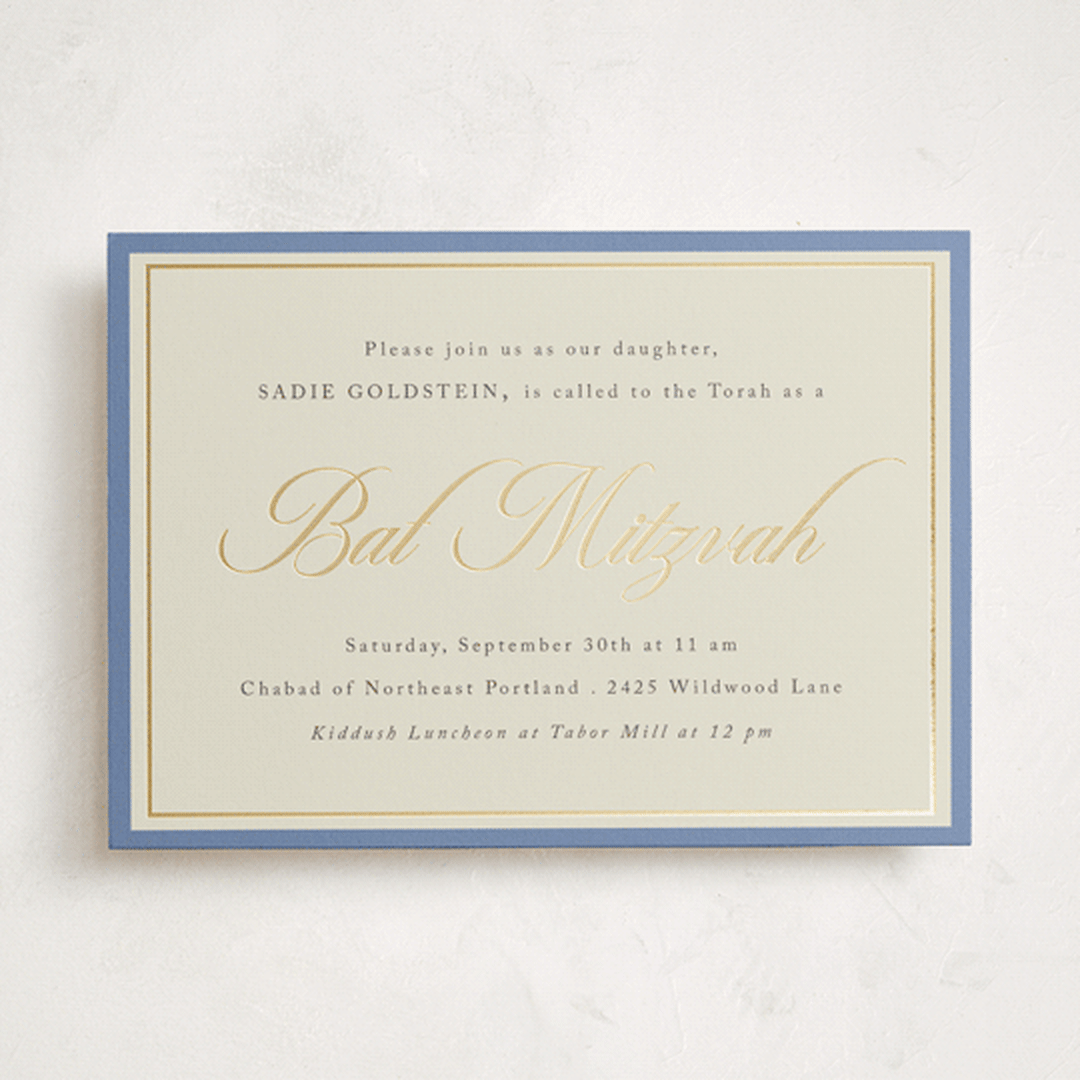 "Formal Elegance" - Mitzvah Invitations in Cerulean by Morgan Kendall - Front