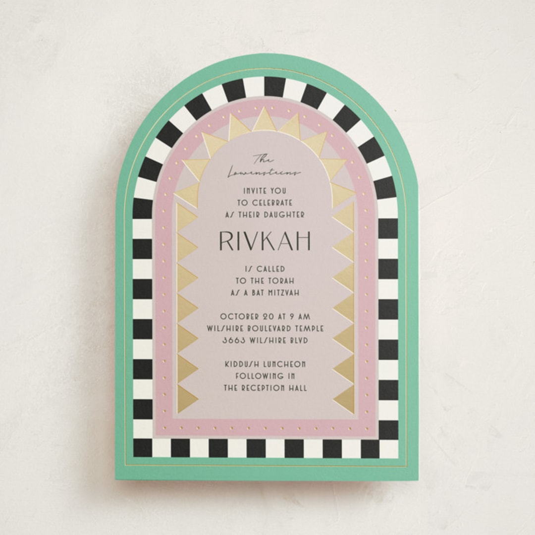 "Hollywood Deco" - Mitzvah Invitations in Aqua by Becky Nimoy - Front