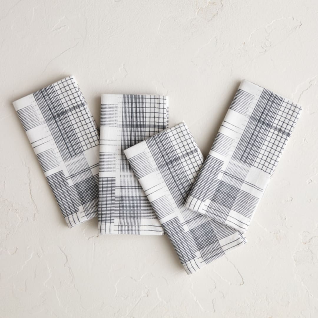 "Sketchy Plaid" - Napkins in Pencil by Katie Wahn - Napkins, Set of 4