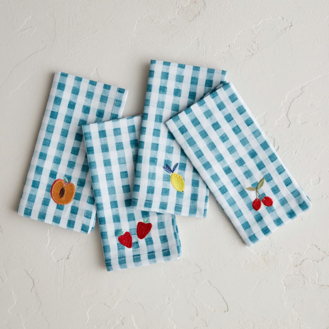 "Sweet Fruit Gingham" - Napkins in Sky by Multiple Artists - Napkins, Set of 4