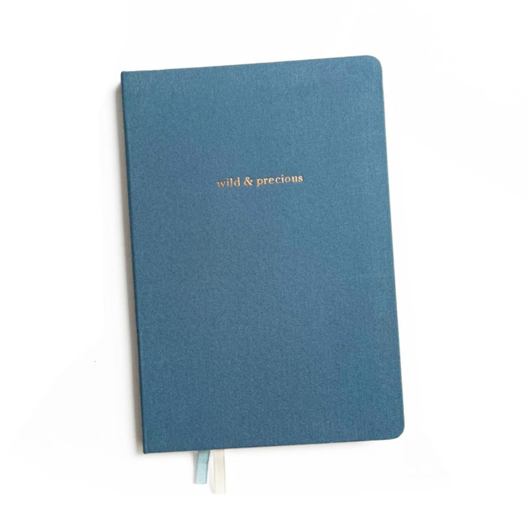 "Custom Text Foil Embossed Linen Notebook | Gold Foil on Dusty Blue Linen" - Notebook in blue by Jessica Cunningham