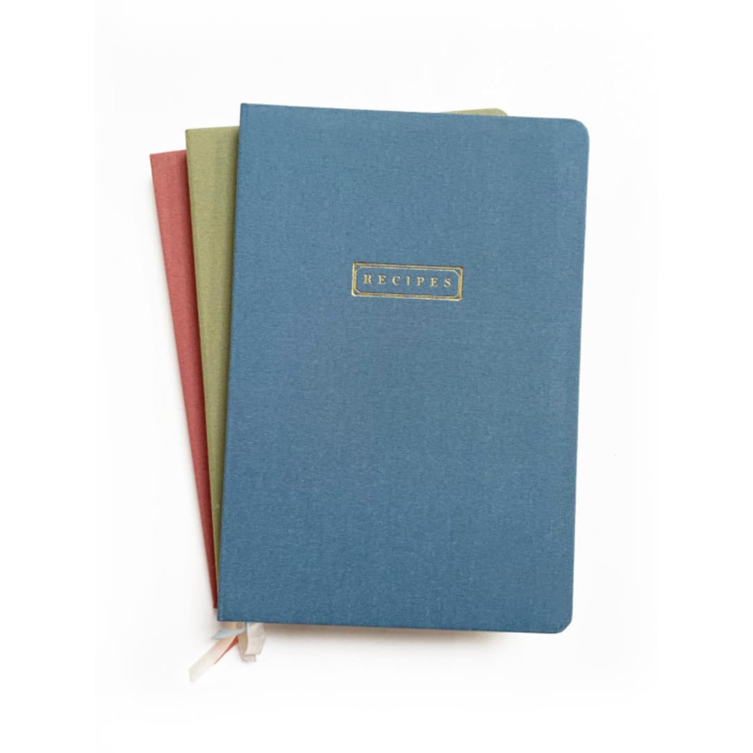 "Linen Recipe Book | Gold Foil on Dusty Blue Linen" - Notebook in blue by Jessica Cunningham