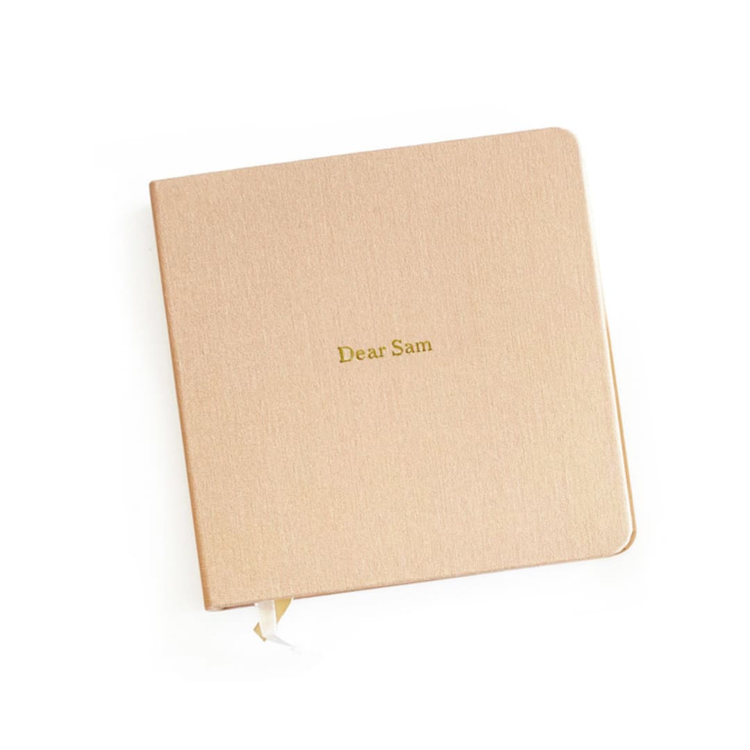 "Custom Text Foil Embossed Square Linen Notebook | Gold Foil on Sand Linen" - Notebook in beige by Jessica Cunningham