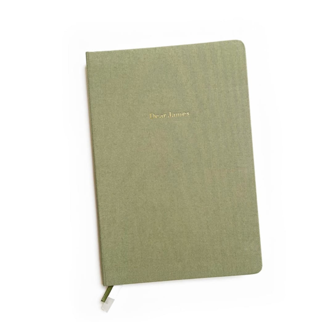 "Custom Text Foil Embossed Linen Notebook | Gold Foil on Sage Green Linen" - Notebook in green by Jessica Cunningham