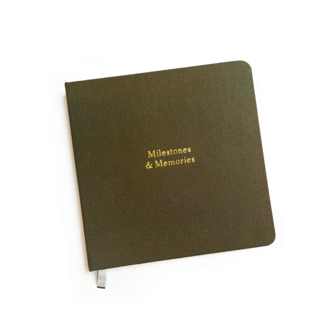"Custom Text Foil Embossed Square Linen Notebook | Gold Foil on Olive Linen" - Notebook in green by Jessica Cunningham