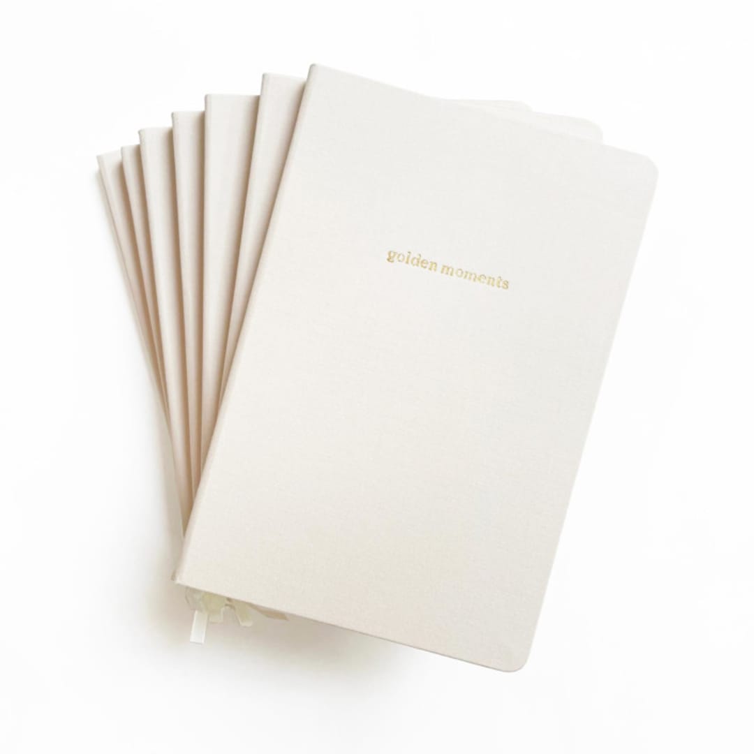 "Custom Text Foil Embossed Linen Notebook | Gold Foil on Cream Linen" - Notebook in beige by Jessica Cunningham