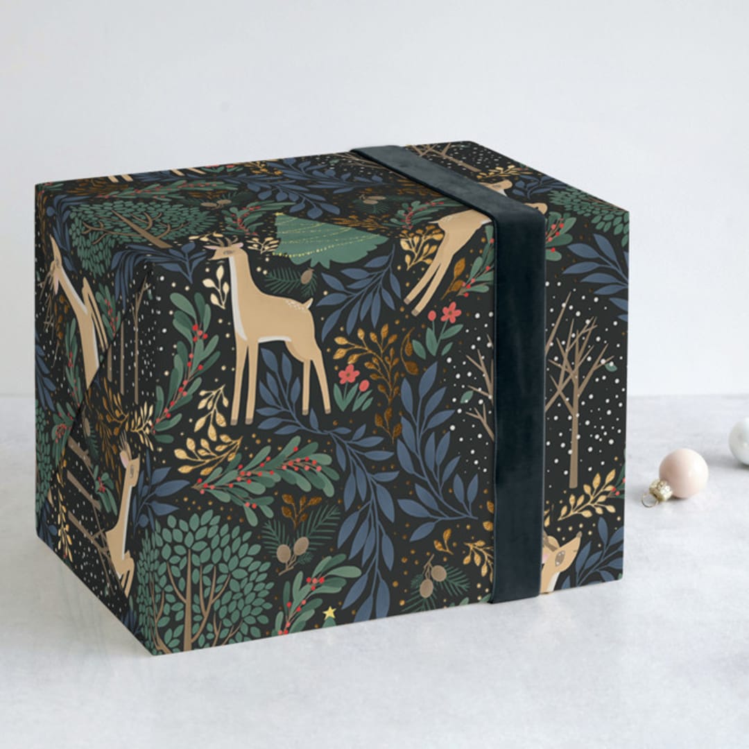 "Reindeer Forest" - Wrapping Paper in Green Black by Shannon Chen of Four Wet Feet Studio - Front
