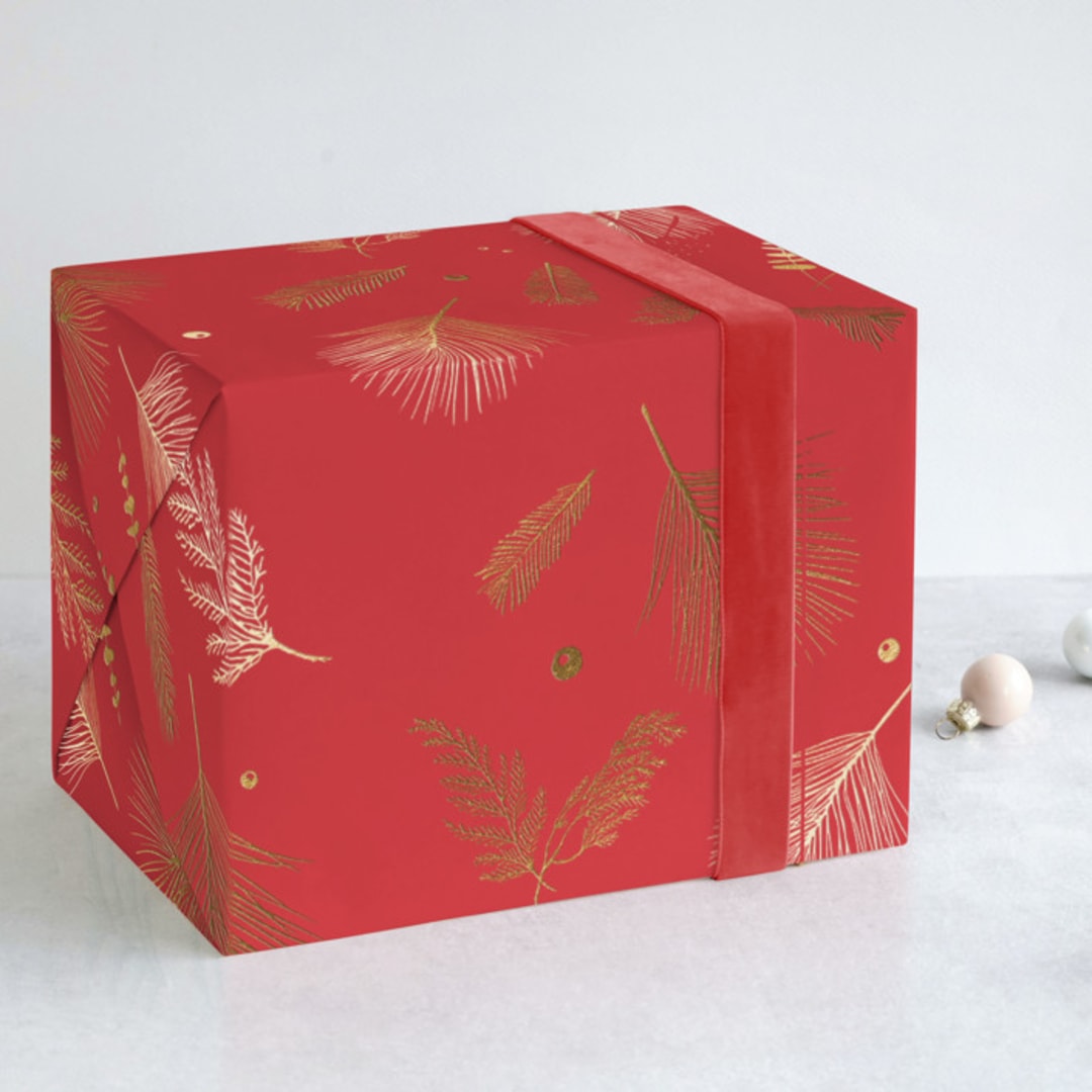 "Floating Greenery" - Wrapping Paper in Red by Jan Shepherd - Front