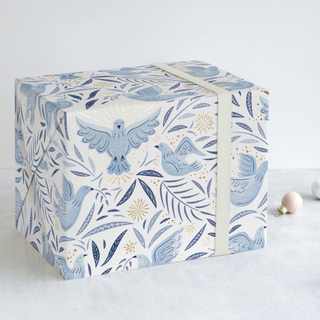 "Joyful Doves" - Wrapping Paper in blue by Paper Sun Studio - Front