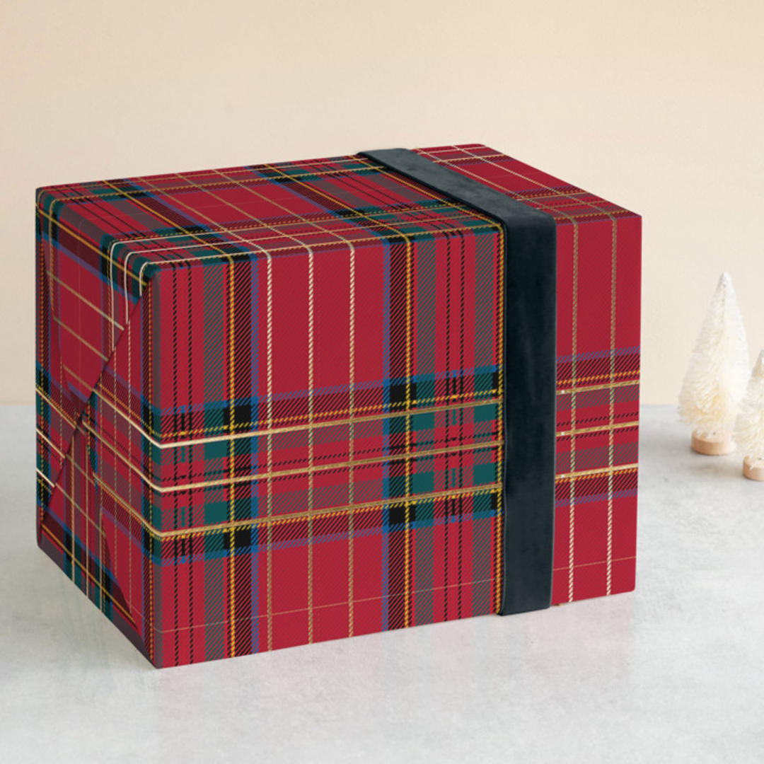 "Festive tartan" - Wrapping Paper in Scarlet by Hudson meet Rose - Front