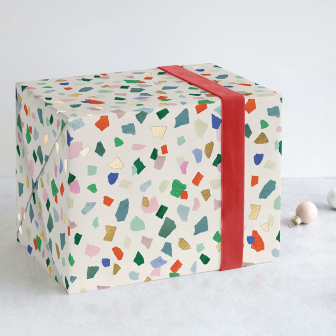 "Torn Paper Terrazzo" - Wrapping Paper in Jelly Bean by Nadia Hassan - Front