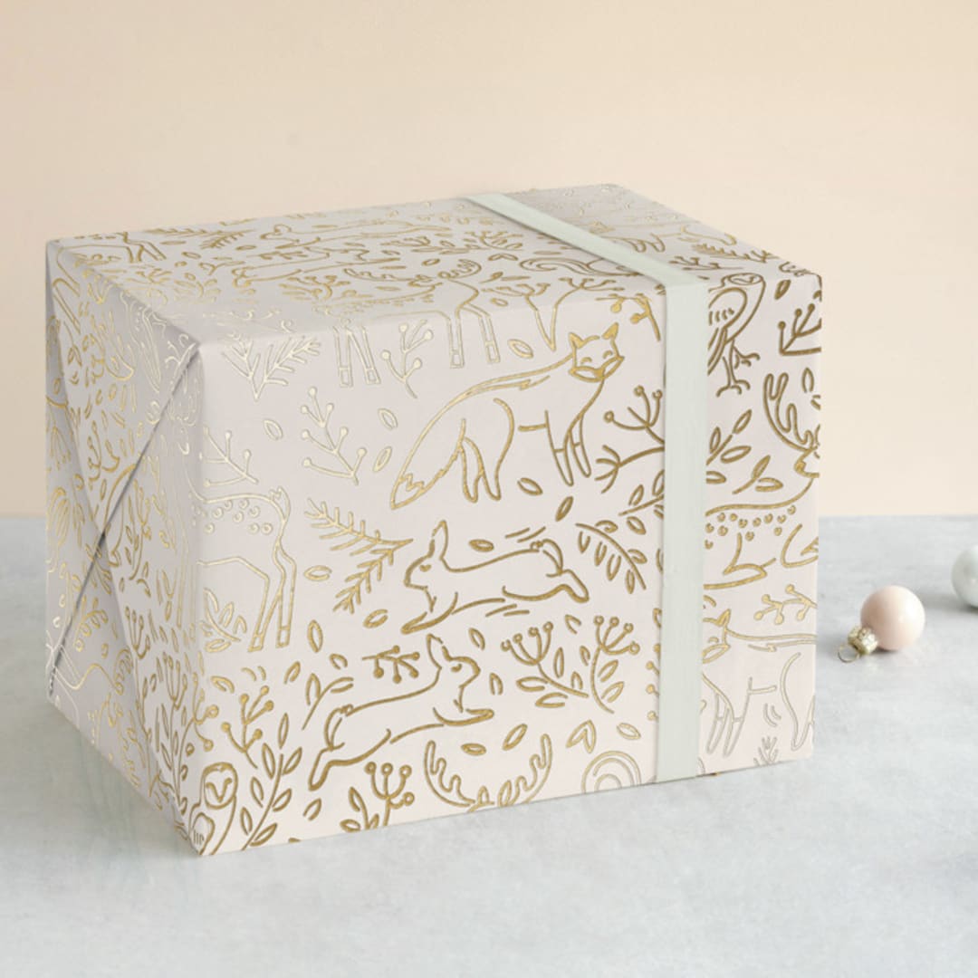"Enchanted Holiday" - Wrapping Paper in Golden by Teju Reval - Front