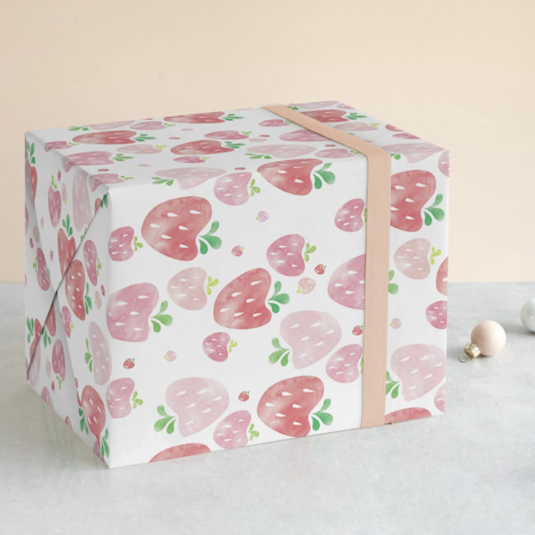 "Strawberry Fields" - Wrapping Paper in Punch by Shirley Lin Schneider - Front