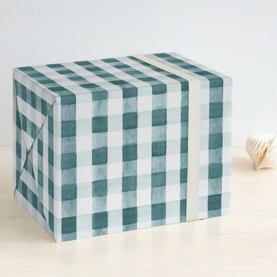"Watercolor Gingham" - Wrapping Paper in Blue Ice by Tessa Blackham - Front