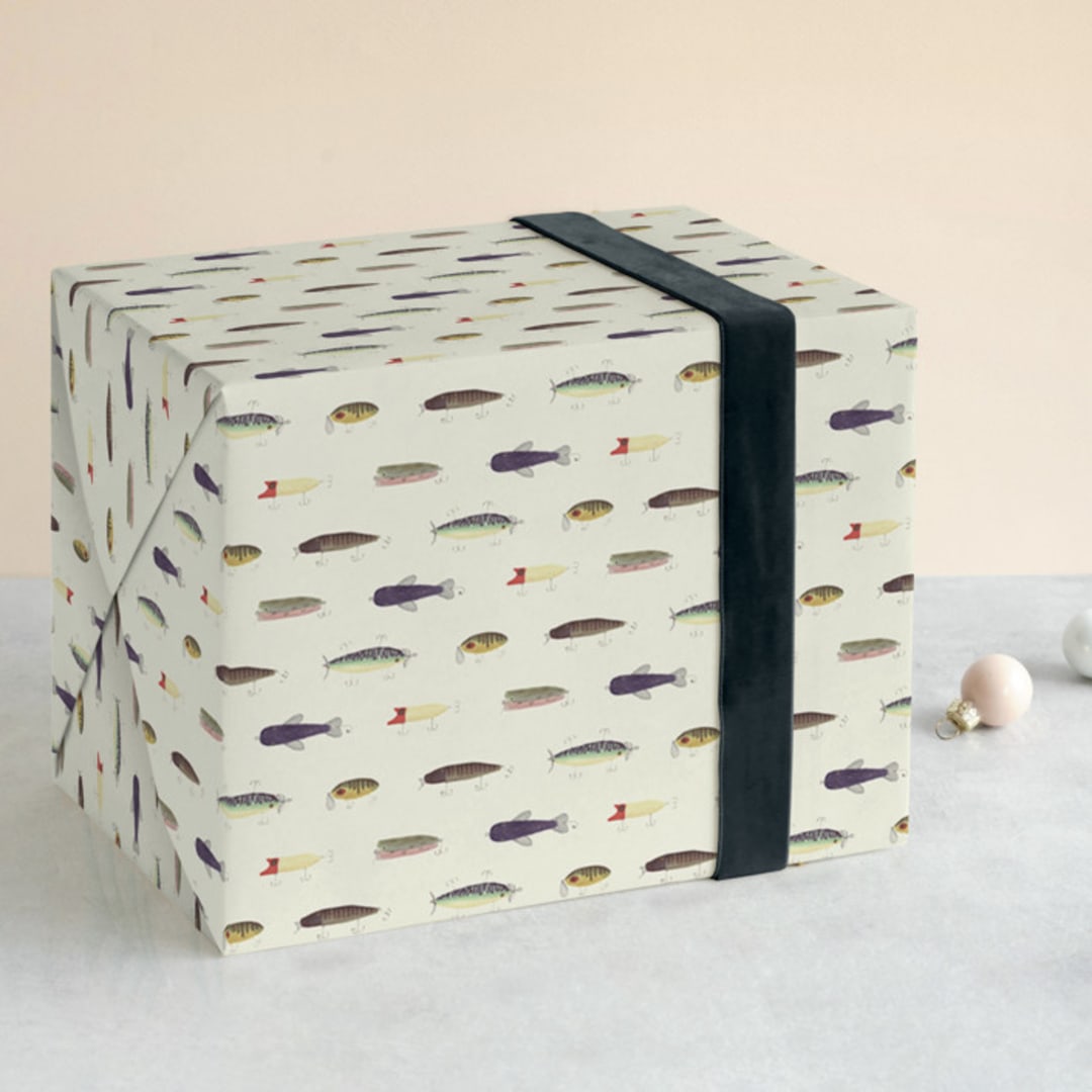 "Vintage Fishing Lures" - Wrapping Paper in Ecru by Jessie Burch - Front