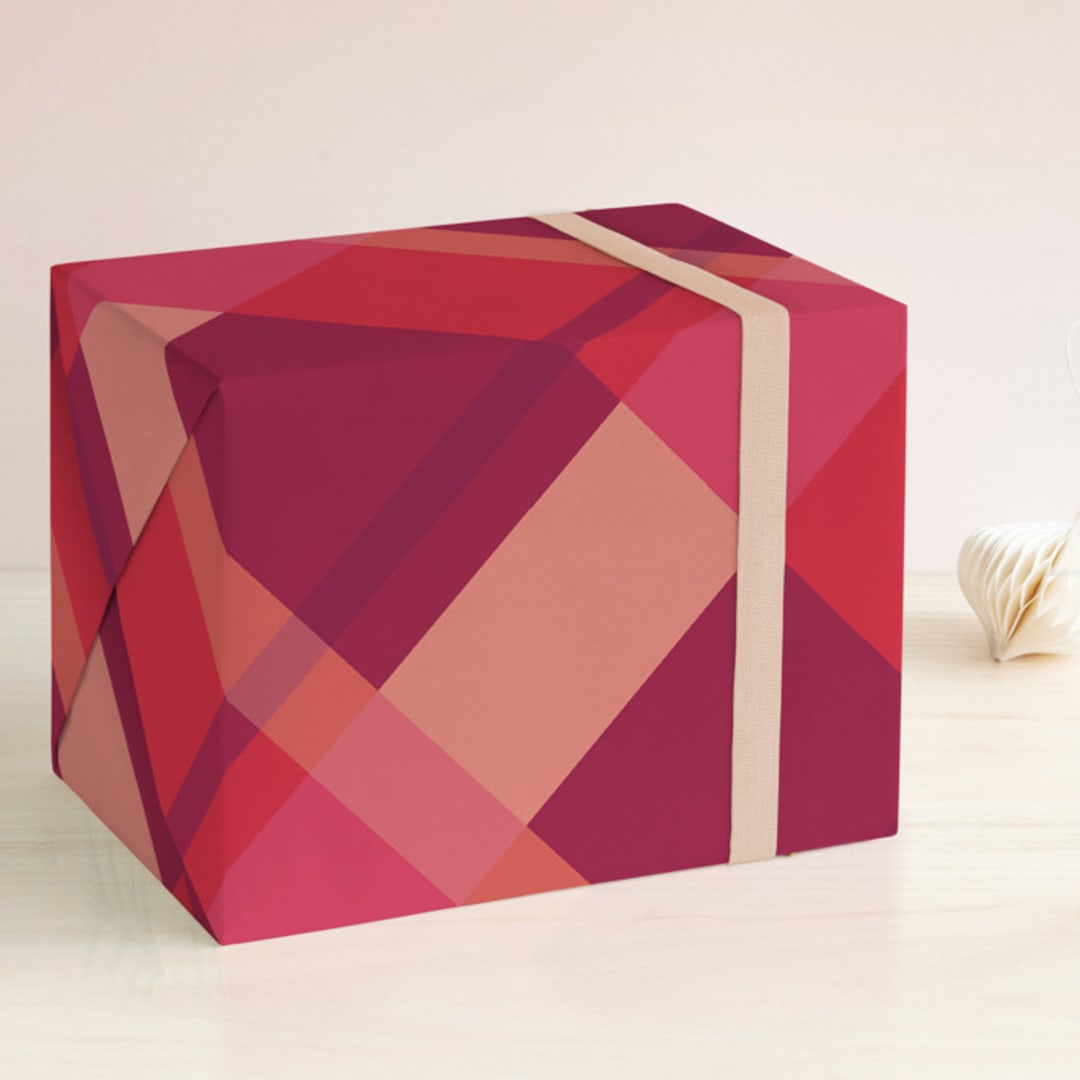 "Mod Plaid" - Wrapping Paper in Merlot by Stacey Day - Front