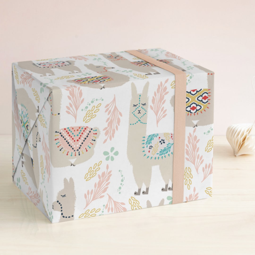 "LaLaLlama" - Wrapping Paper in White by Shirley Browning - Front