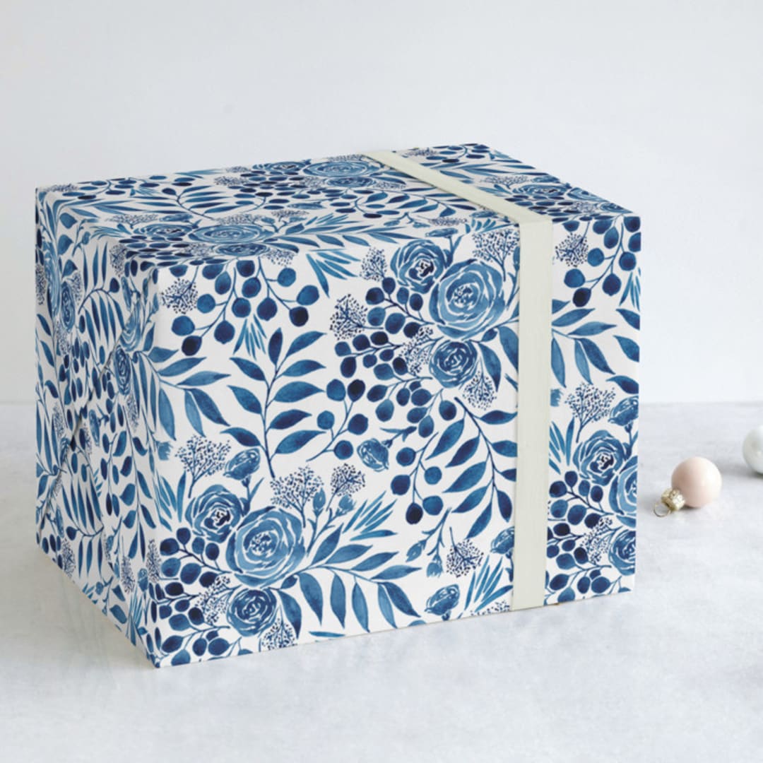 "Blue Floral Boquest" - Wrapping Paper in Snow by Yaling Hou Suzuki - Front